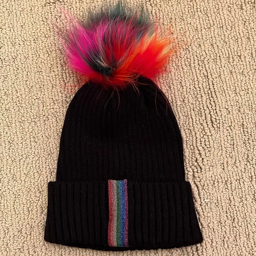 Rainbow Fur Pom Pom Hat